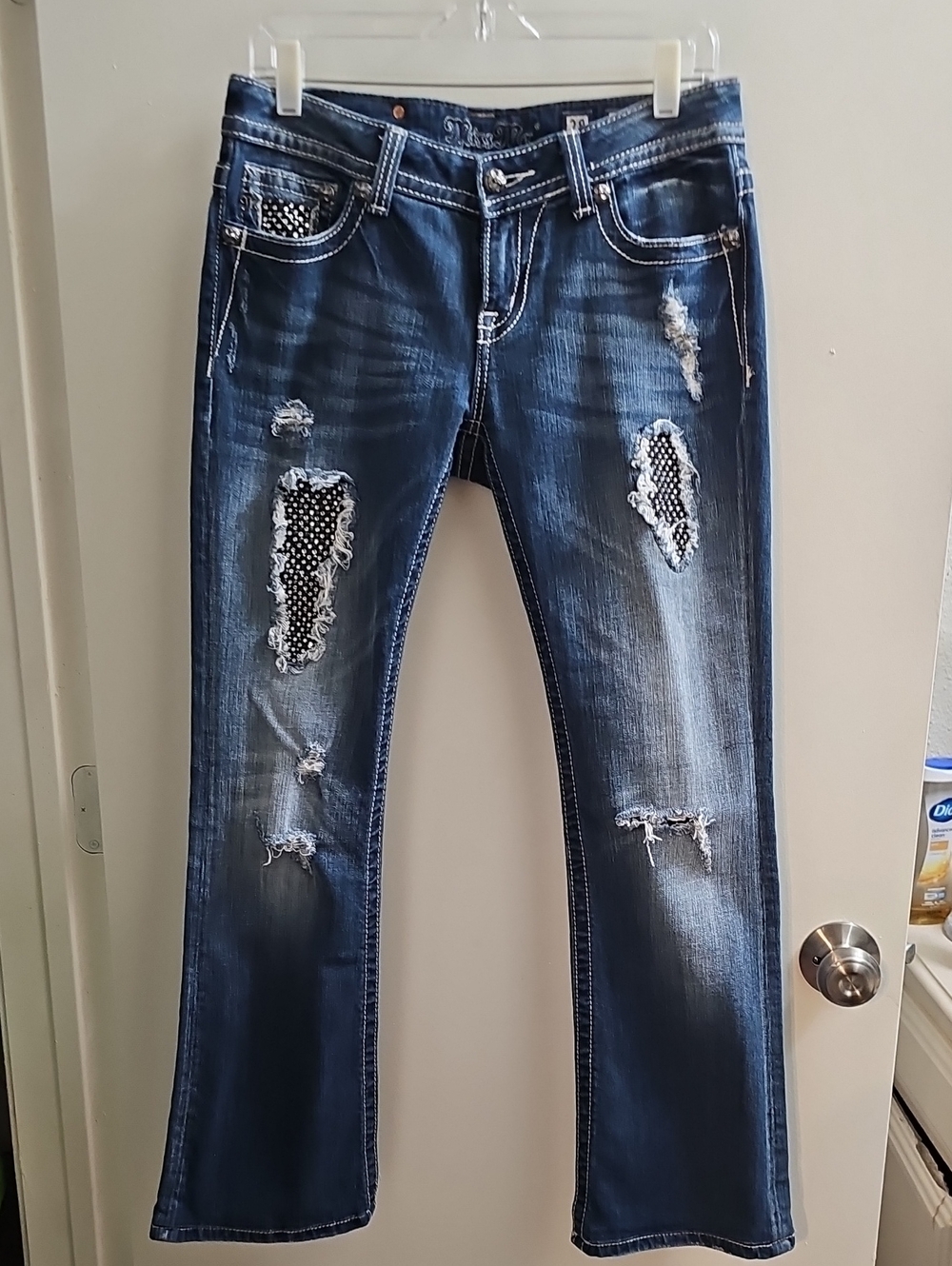 Miss Me Distressed Dark Blue Bootcut Jeans with Embellished Patches